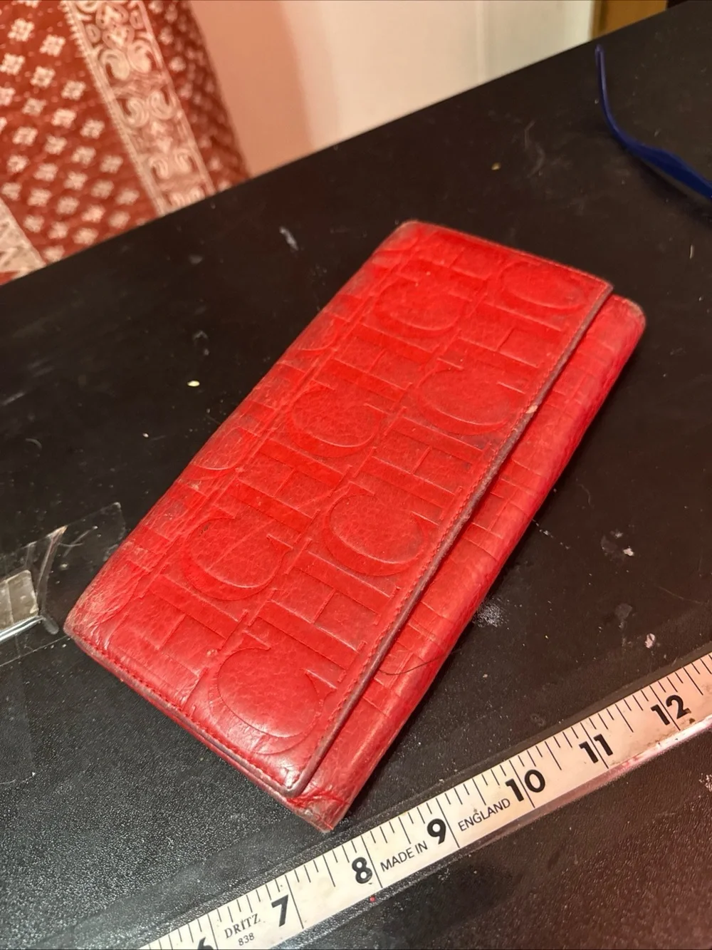 Red Carolina Herrera Embossed Leather Wallet with CH Pattern